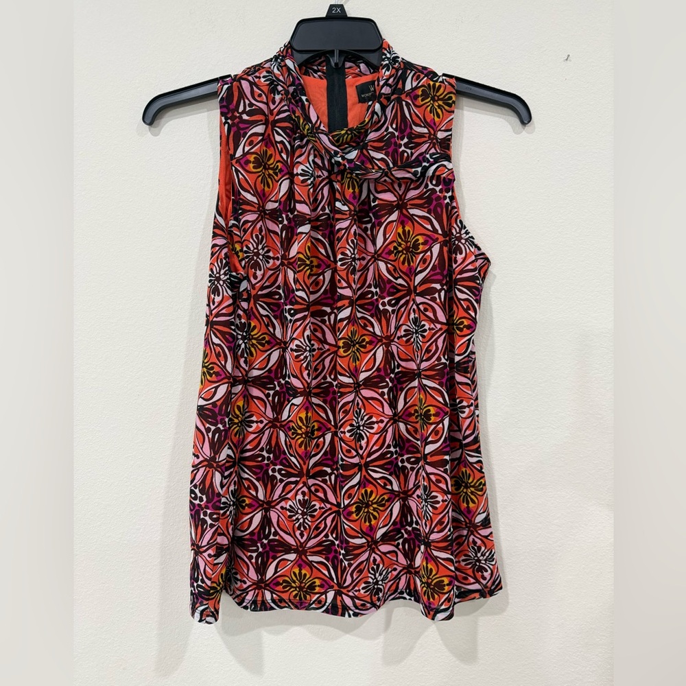 Worthington Pink and Orange Geo Floral Sleeveless Tie-Neck Top